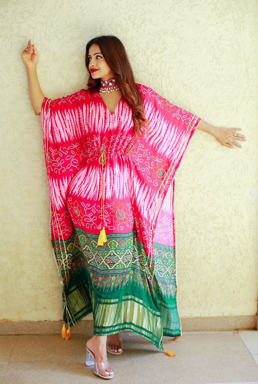 Pink White Lining Digital Printed Kaftan Satin