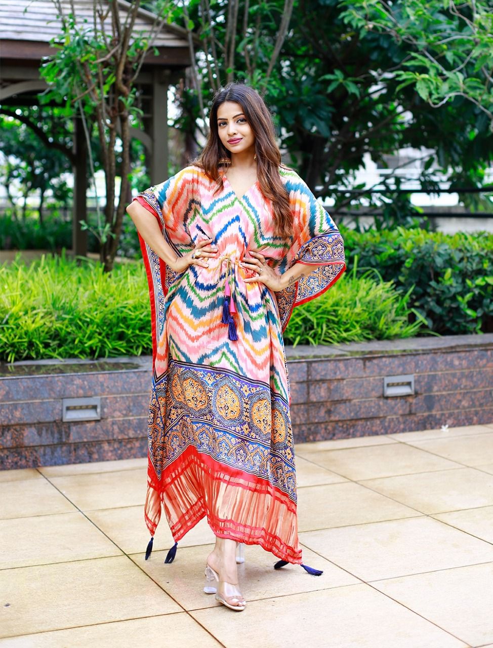 Zigzag Colorful Digtial Printed Satin Kaftan