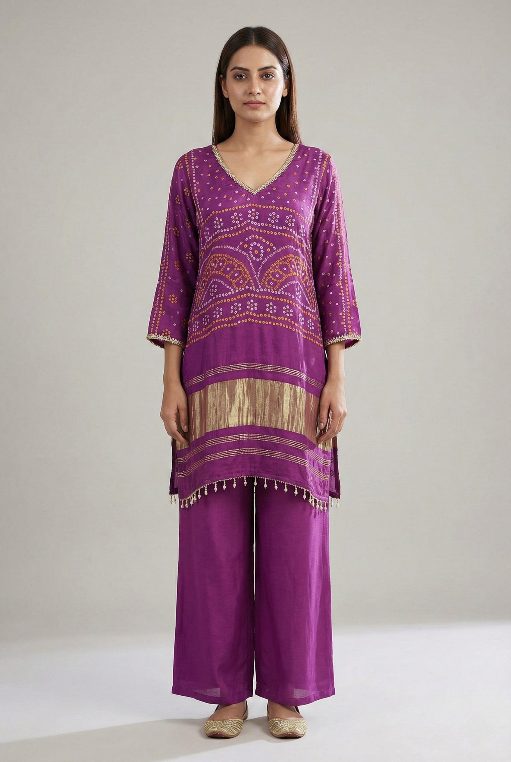 Silk Purple Bandhej Kurti Palazzo Set – Zari Bandhej Look