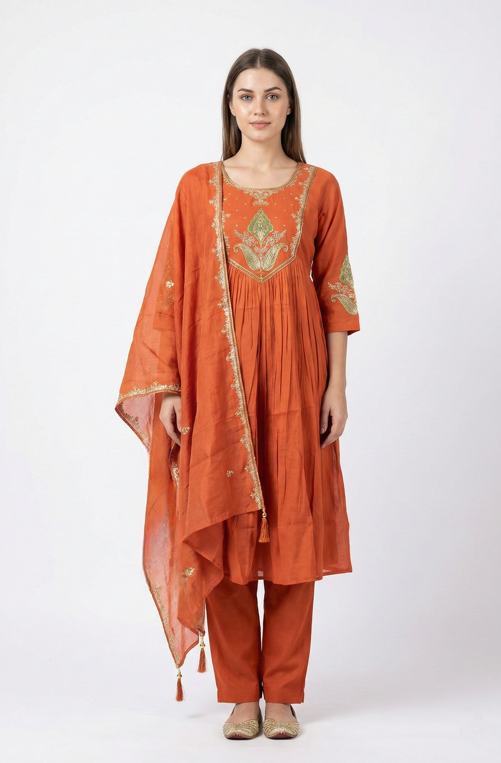 Rust Orange Embroidered Kurti Palazzo Set