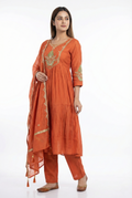 Rust Orange Embroidered Kurti Palazzo Set