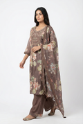 Chocolate Brown Floral Printed Cotton Poplin Suit | Mirror Work Neck | 3PC Set