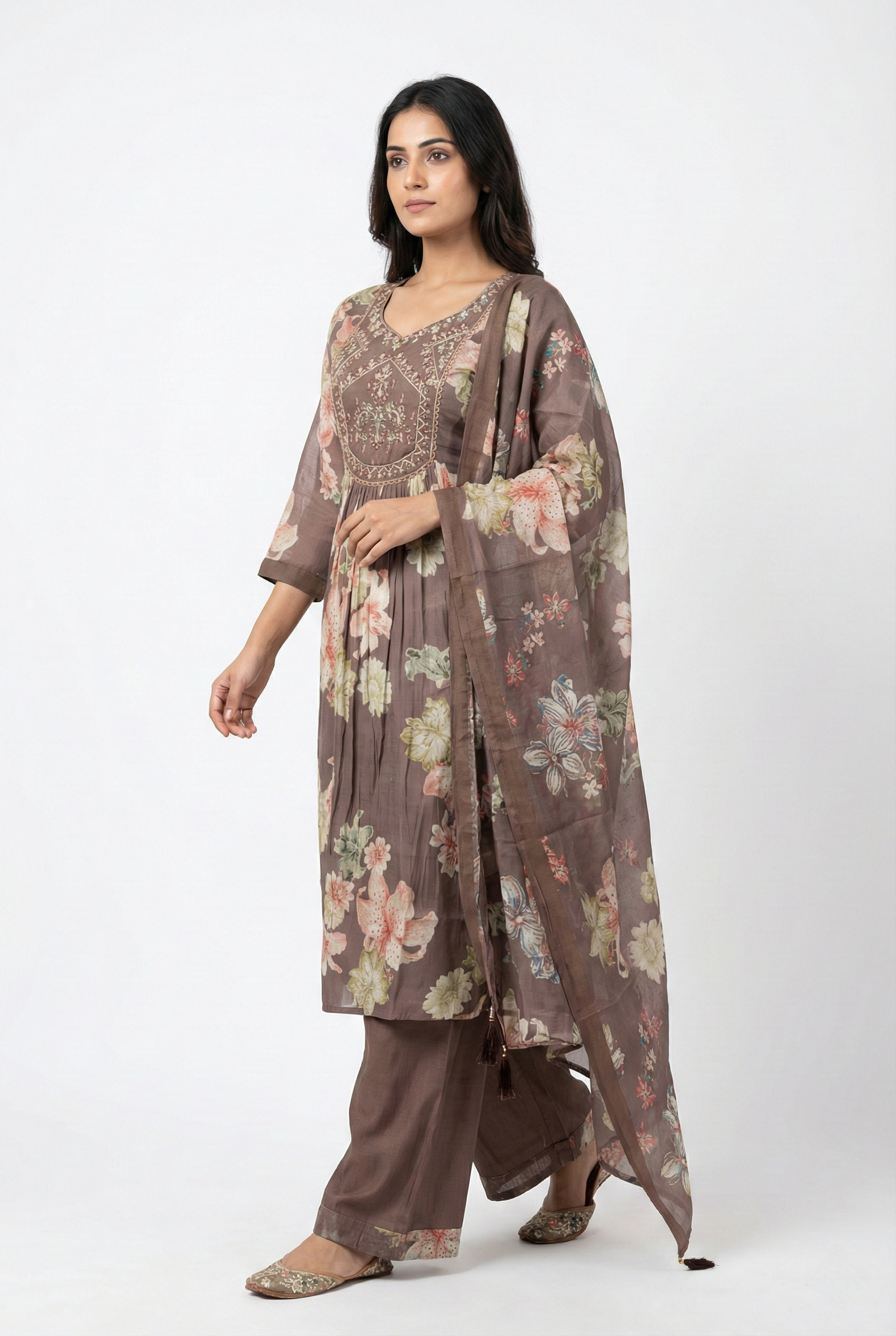 Chocolate Brown Floral Printed Cotton Poplin Suit | Mirror Work Neck | 3PC Set