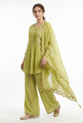 Pista Green Pleated Kurti Palazzo Set with Embroidered Dupatta | 3PC Suit Set