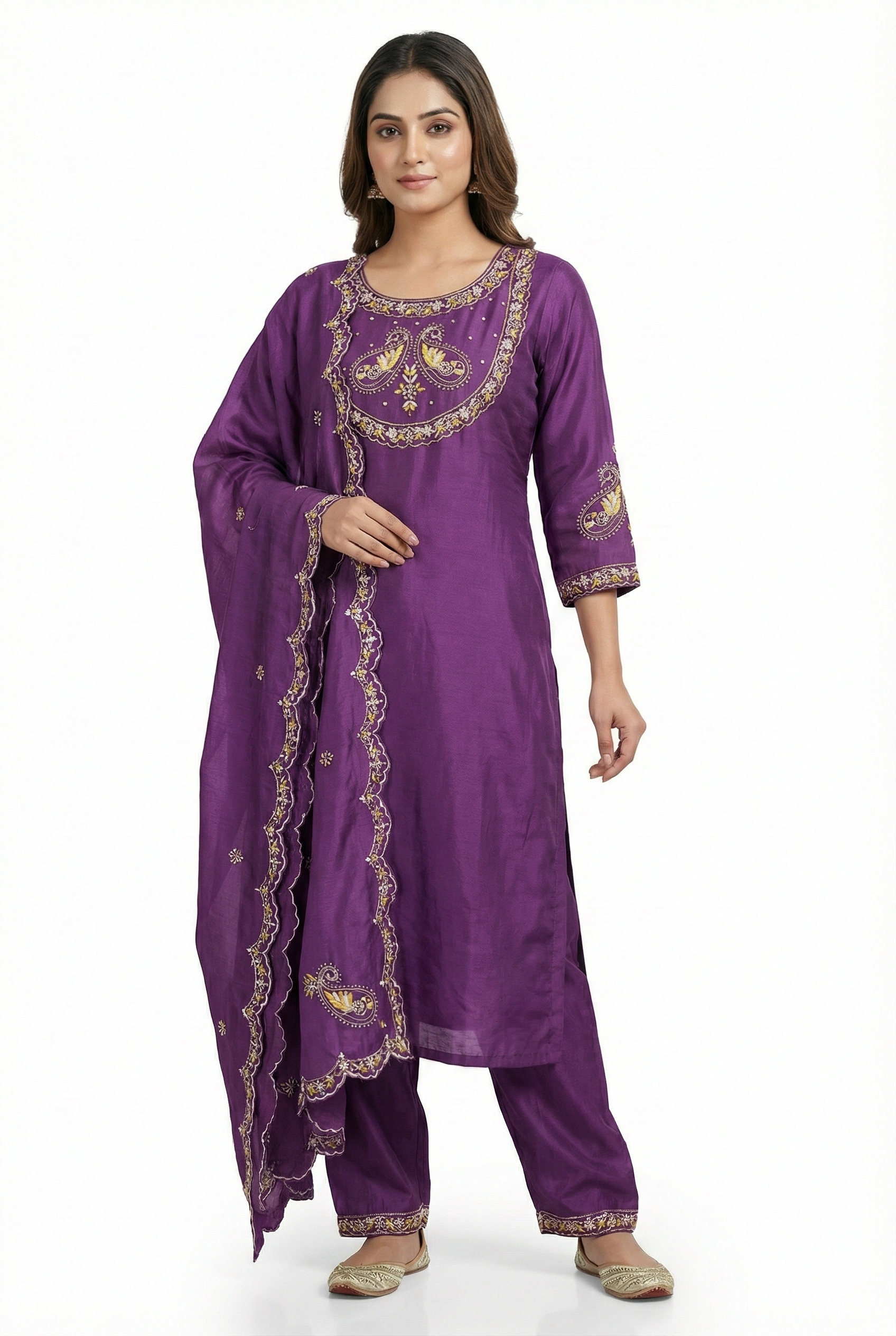 Purple (Jamuni) Thread Embroidery Kurta Set | Kurti + Bottom | 2PC