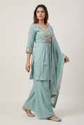 Sea Green Embroidered Kurti Palazzo Set with Dupatta | Premium 3PC Suit