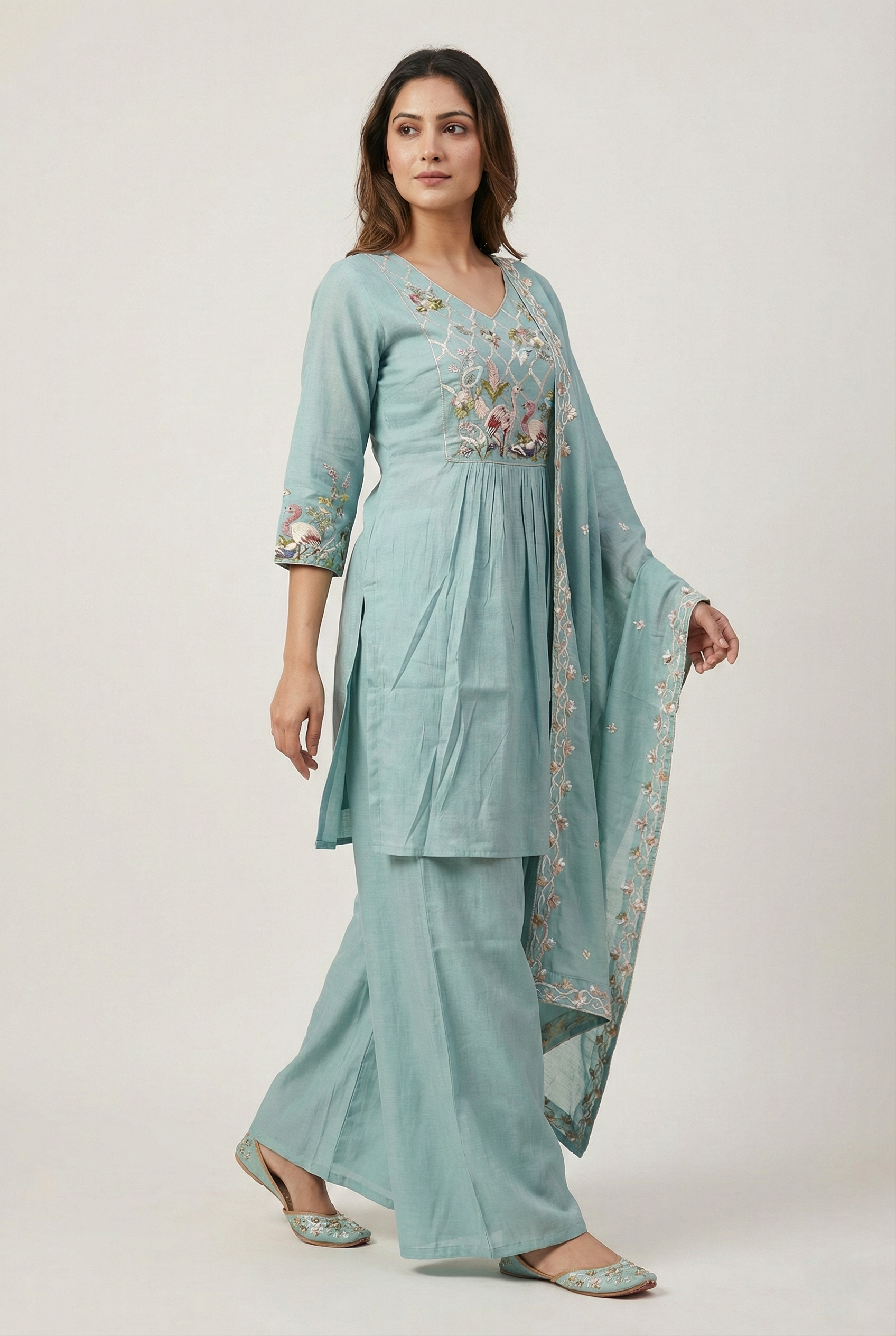 Sea Green Embroidered Kurti Palazzo Set with Dupatta | Premium 3PC Suit