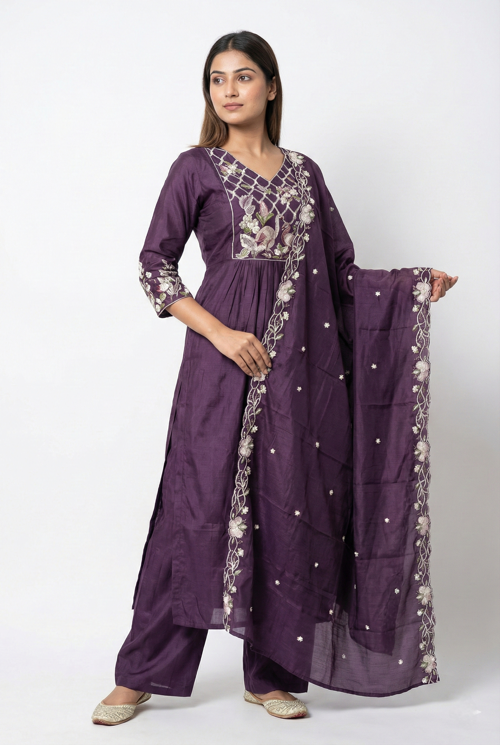 Purple Embroidered Stone Work Sharara Set with Dupatta | 3PC Festive Wear