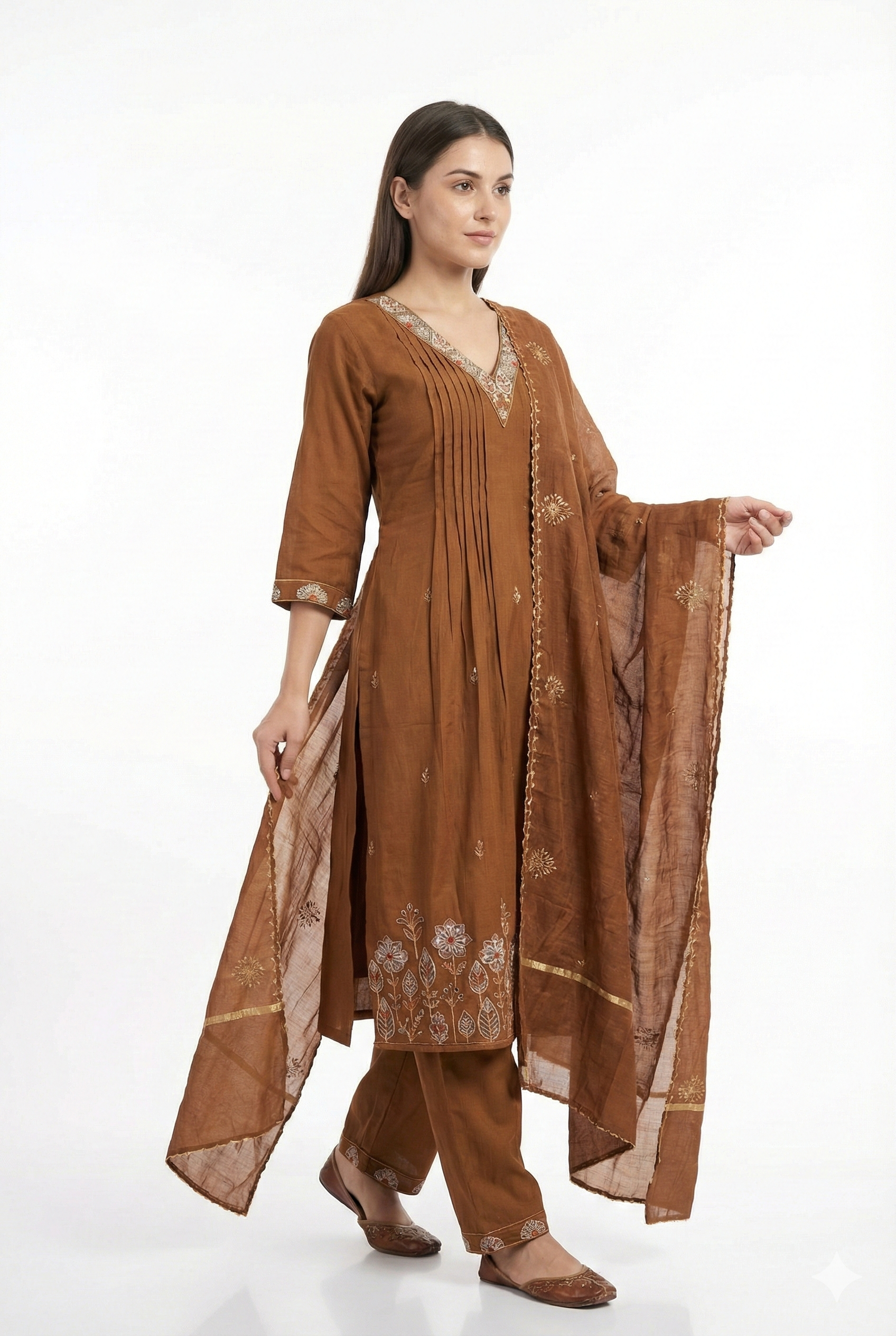 Rust Brown Pleated Kurta Pant Dupatta Set | Embroidered Neck & Hem | 3PC