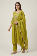 Mehendi Green Embroidered Suit Set with Dupatta | Kurti Pant 3PC