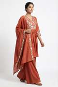 Rust Orange Embroidered Kurta Palazzo Dupatta Set | 3PC Festive Wear
