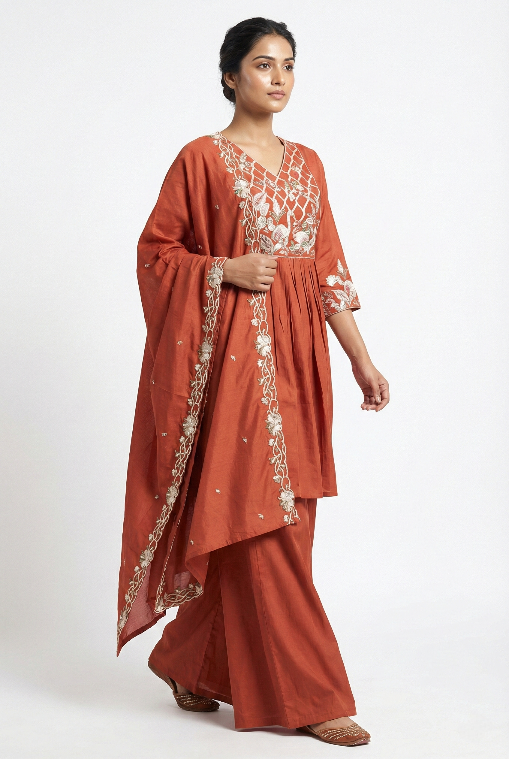 Rust Orange Embroidered Kurta Palazzo Dupatta Set | 3PC Festive Wear
