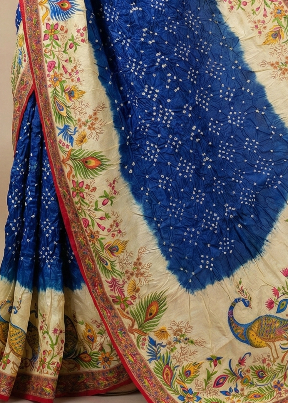 Mela Silk Cream and Royal Blue Bandhej Saree
