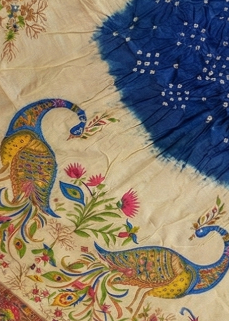 Mela Silk Cream and Royal Blue Bandhej Saree