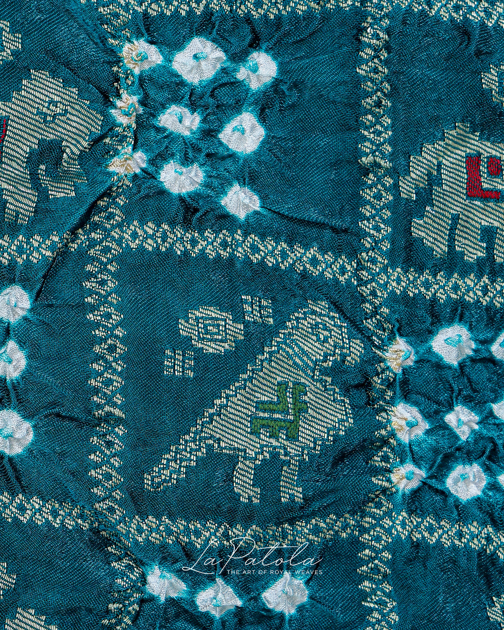 Teal Elephant Motif Bandhej Saree