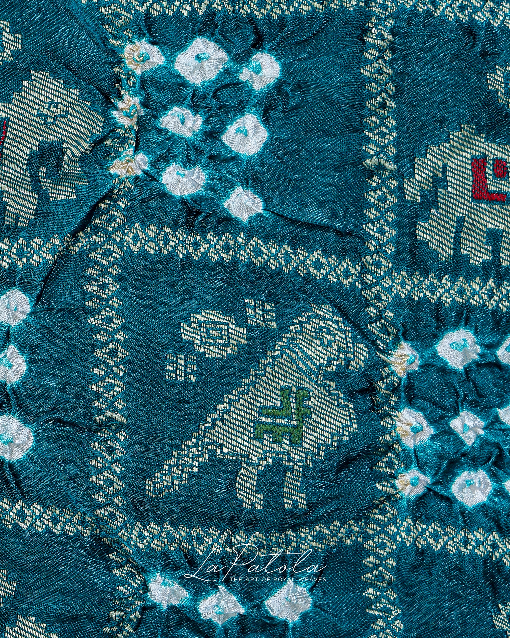 Teal Elephant Motif Bandhej Saree
