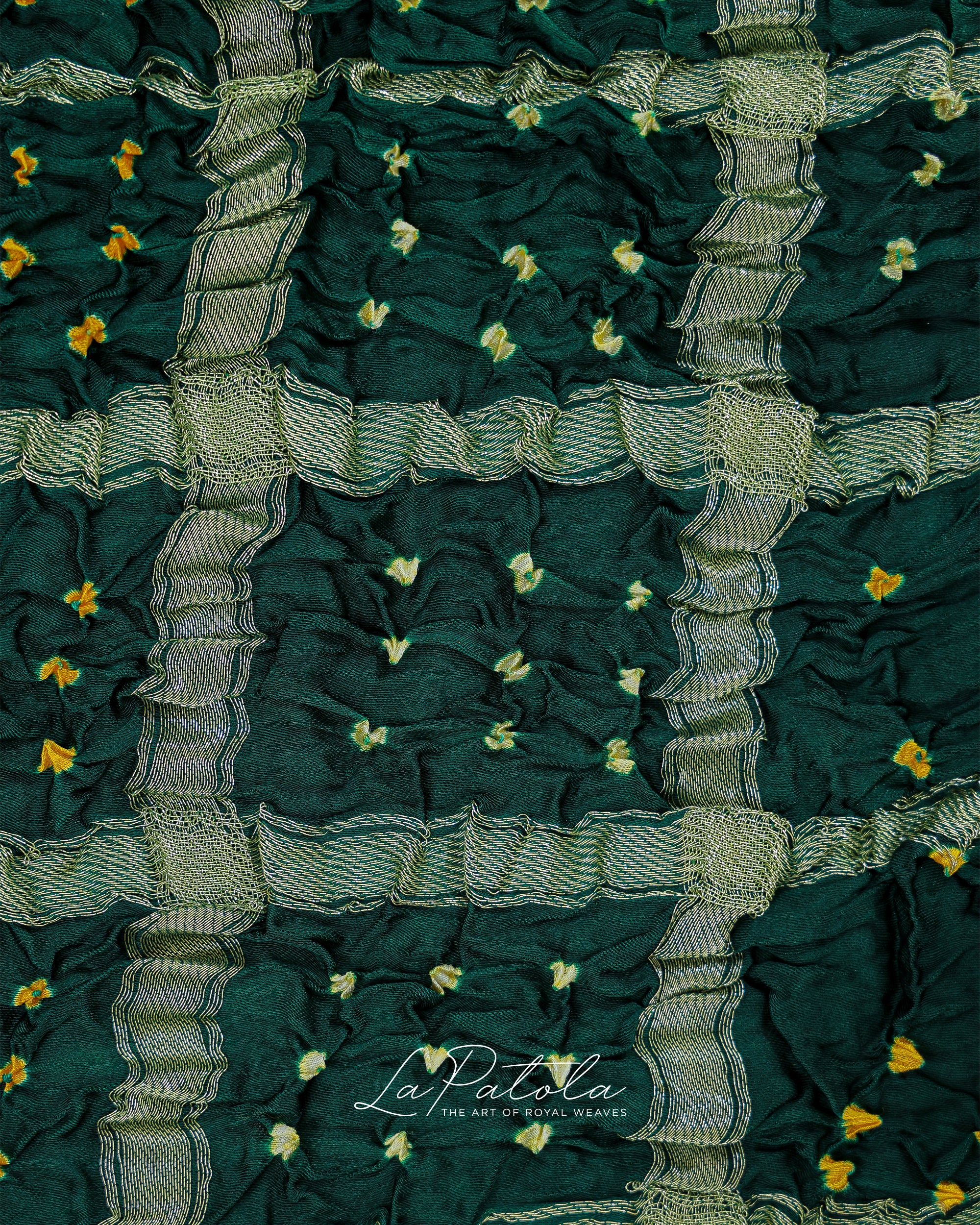 Bottle Green Crinkle Check Bandhej Saree