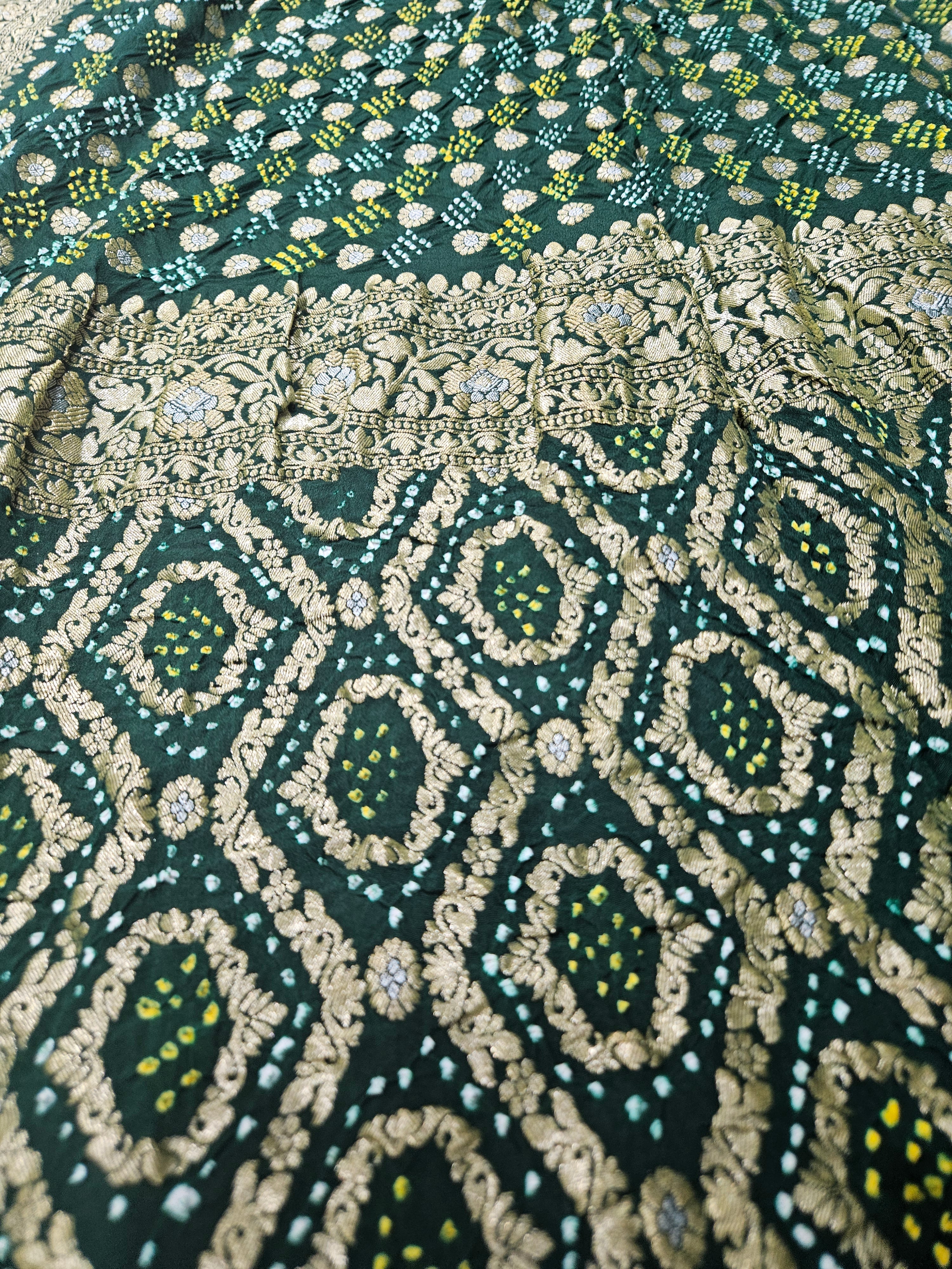 Pure Georgette Banarasi Rai Dana Bottle Green Bandhej