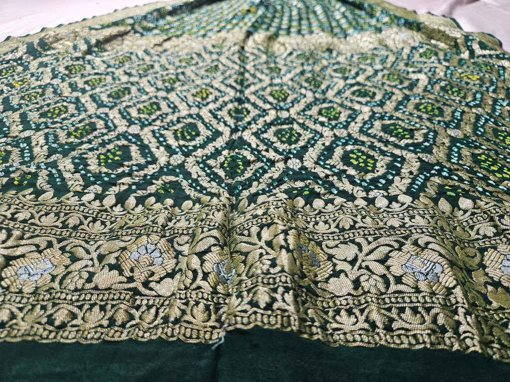 Pure Georgette Banarasi Rai Dana Bottle Green Bandhej