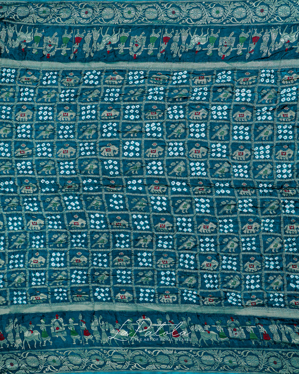 Teal Elephant Motif Bandhej Saree