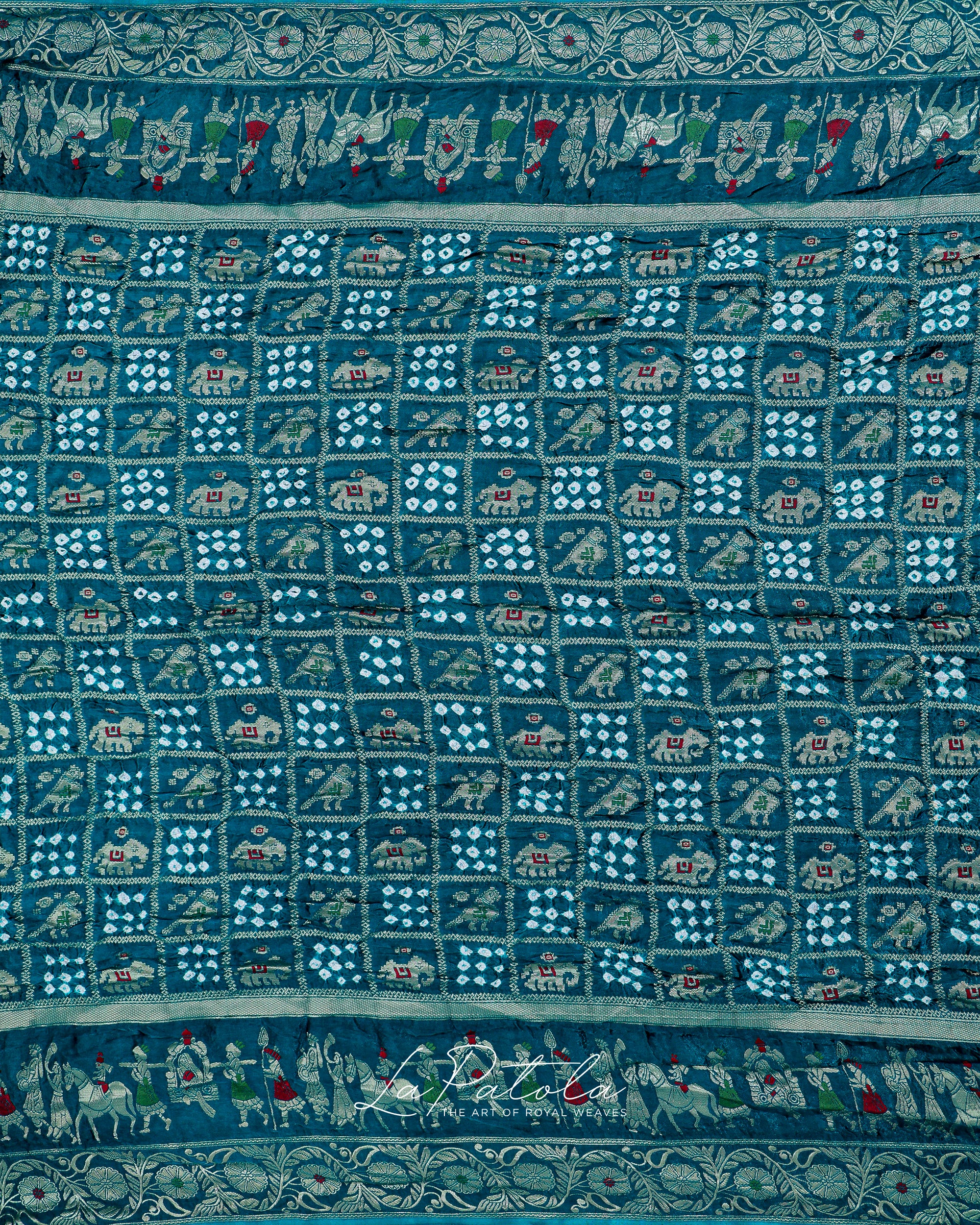 Teal Elephant Motif Bandhej Saree