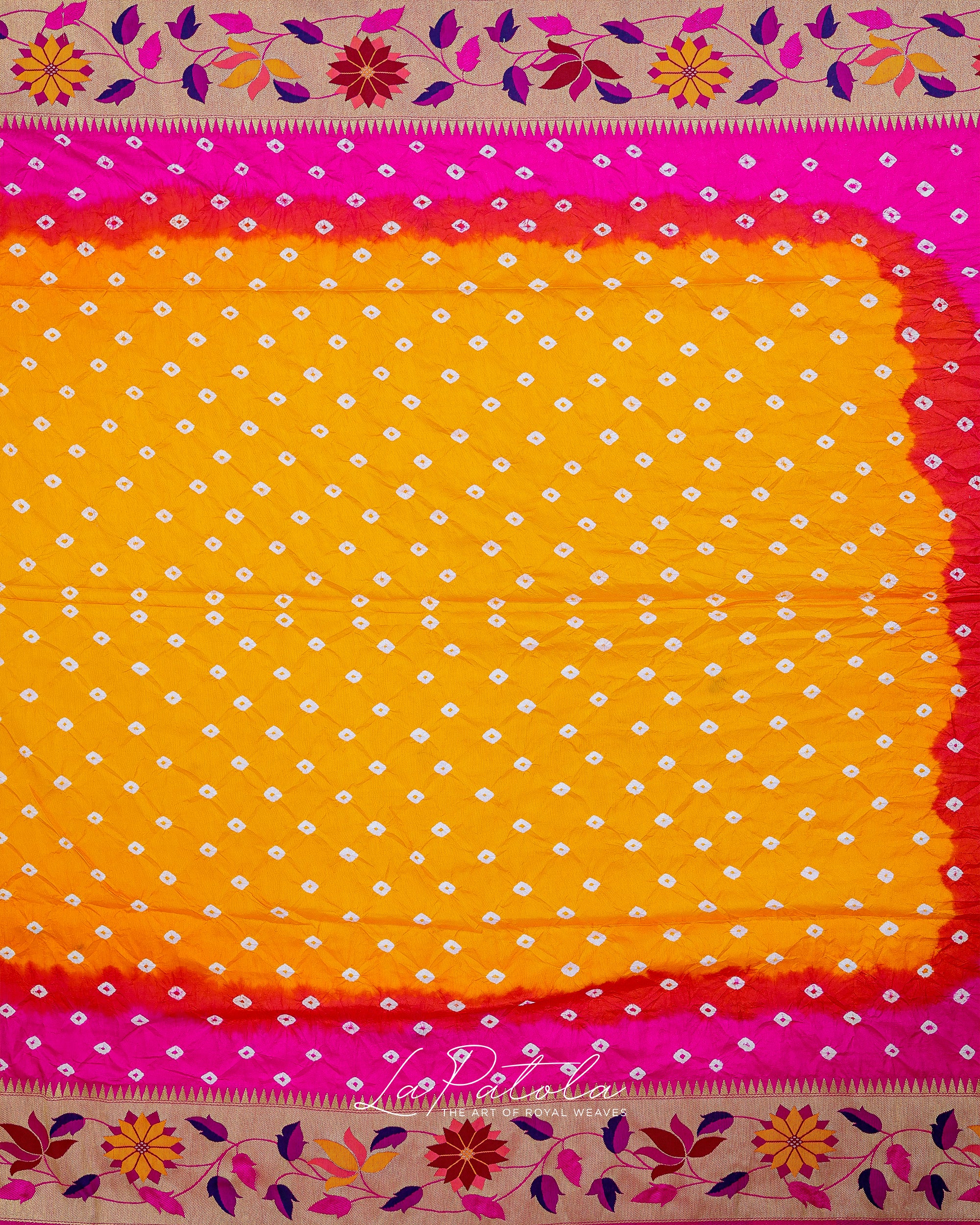 Yellow Pink Floral Pallu Bandhej Saree