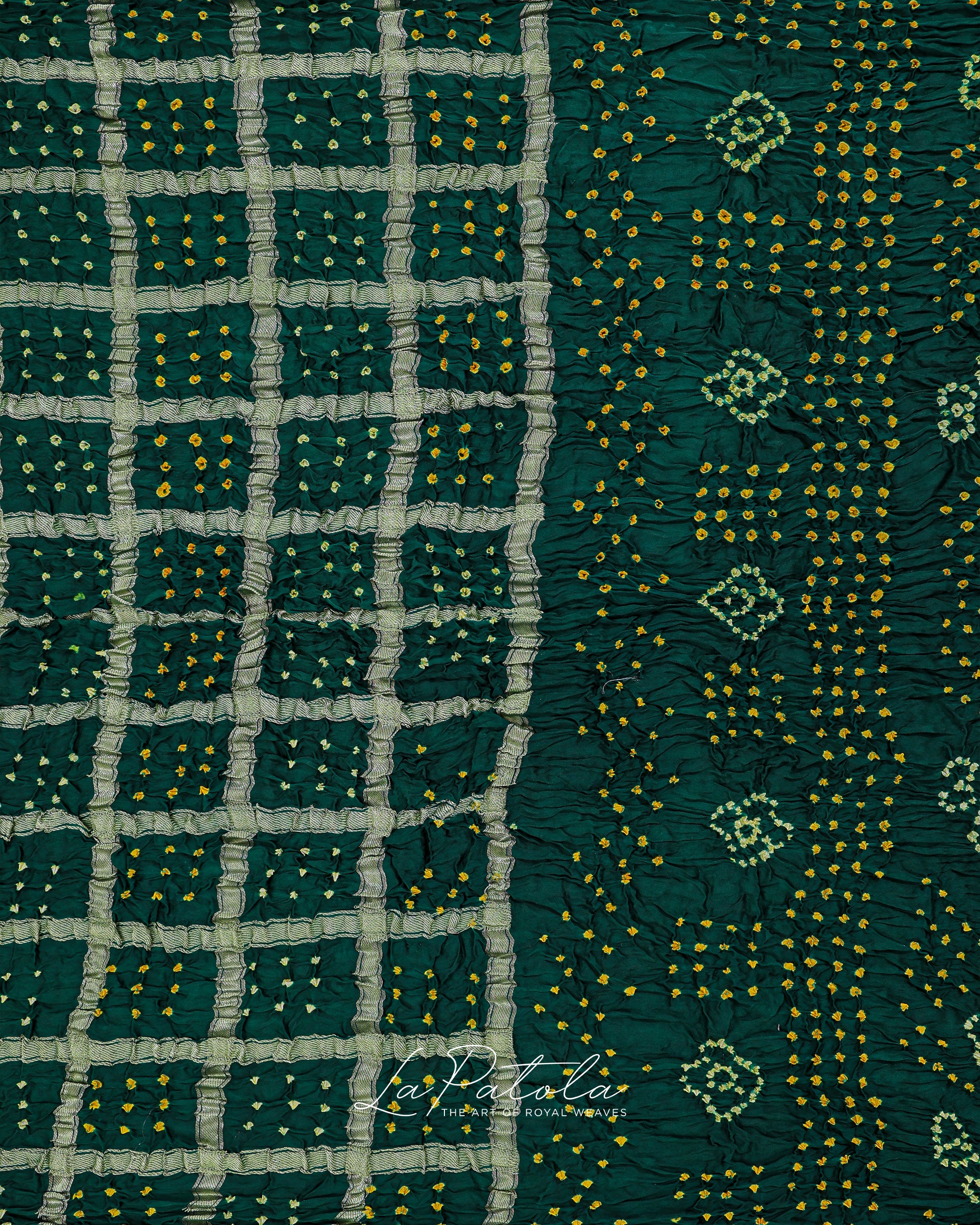Bottle Green Crinkle Check Bandhej Saree