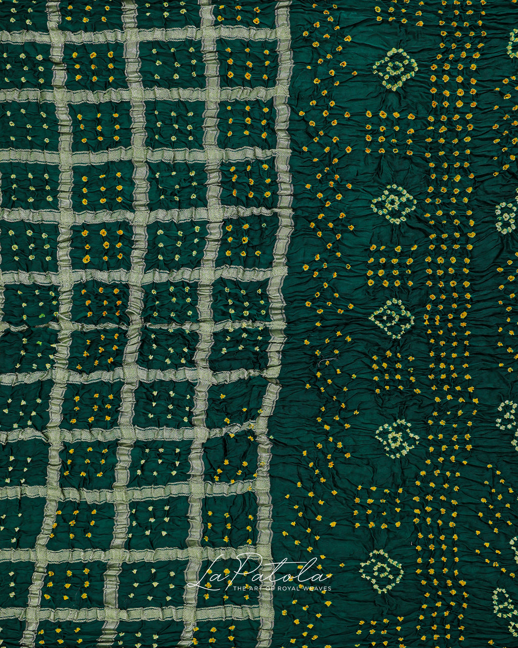 Bottle Green Crinkle Check Bandhej Saree