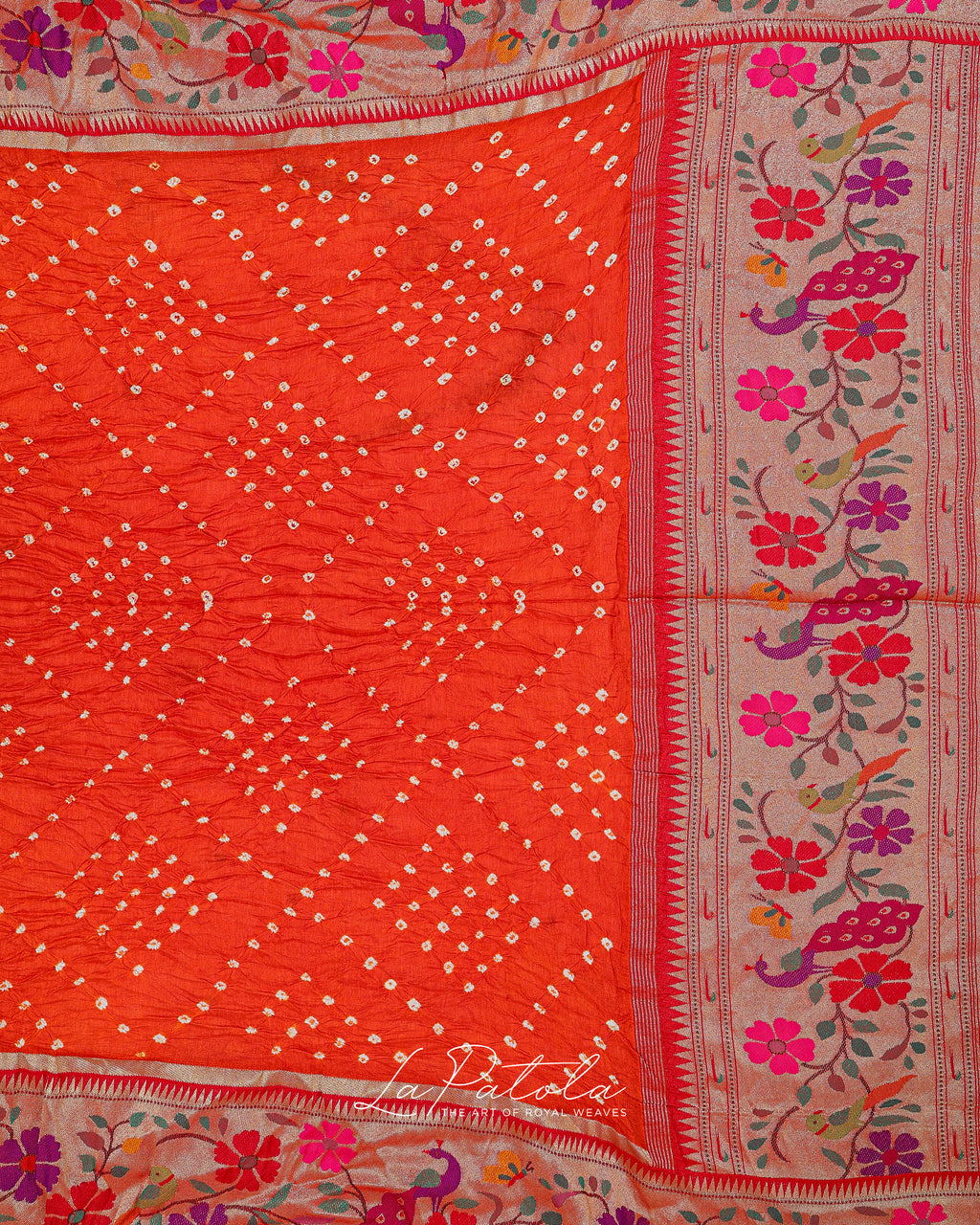 Orange Floral Pallu Bandhej Saree