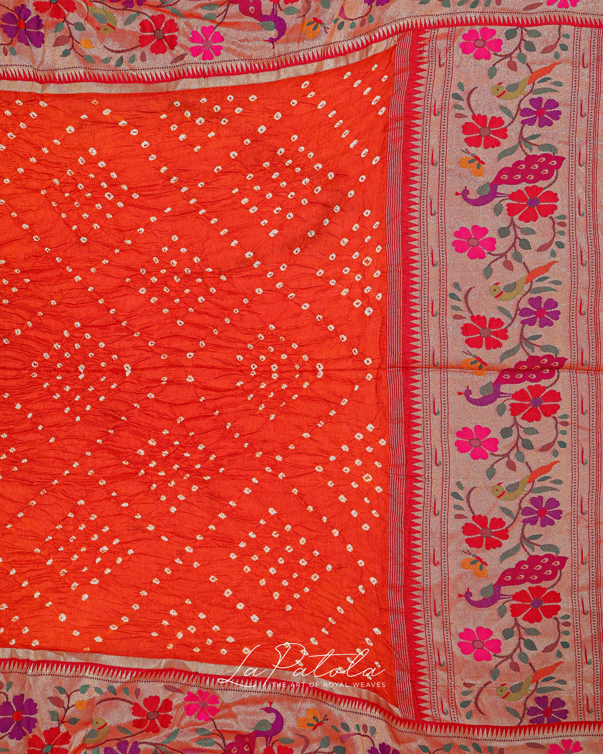 Orange Floral Pallu Bandhej Saree