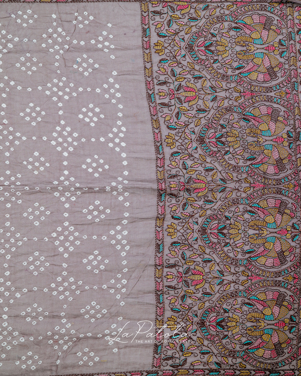 Pearl Grey Printed Pallu Bandhej Saree
