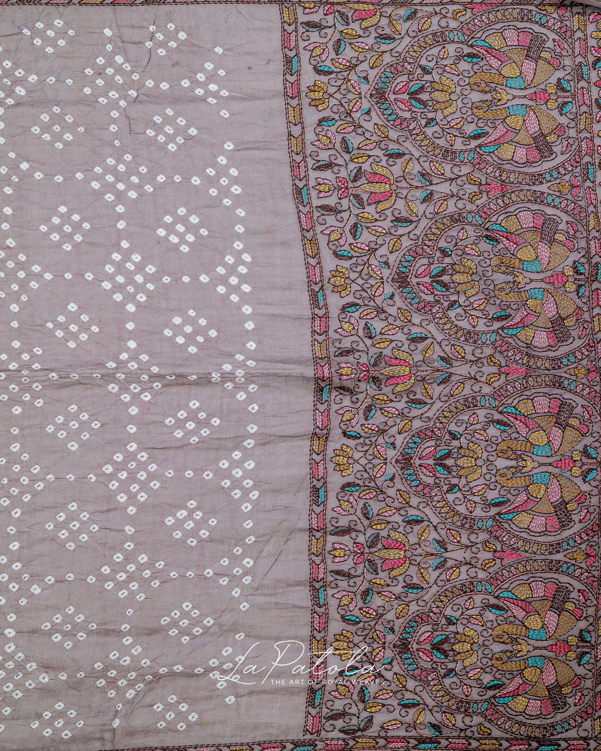 Pearl Grey Printed Pallu Bandhej Saree