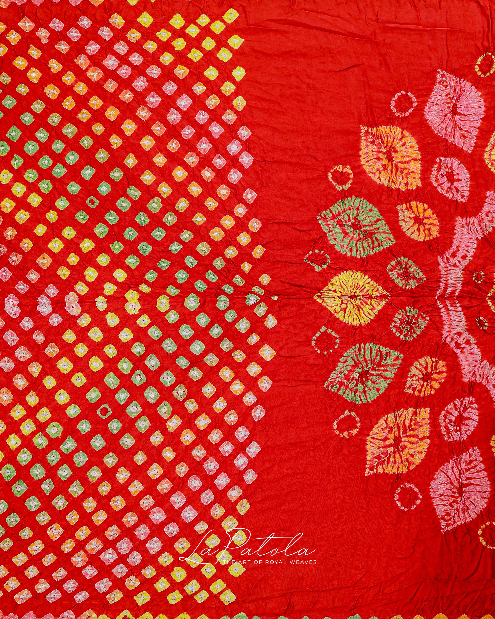 Red Leaf Motif Bandhej Saree