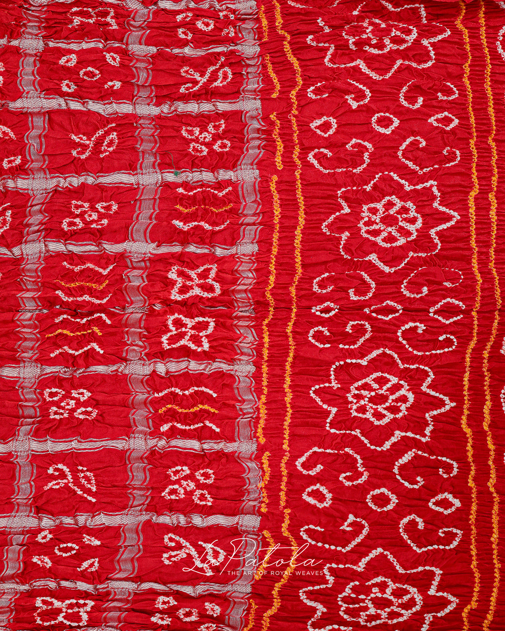Red Leheriya Floral Bandhej Saree