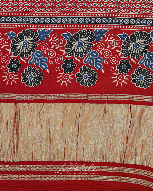 Brick Red Ajrakh Panel Bandhej Saree