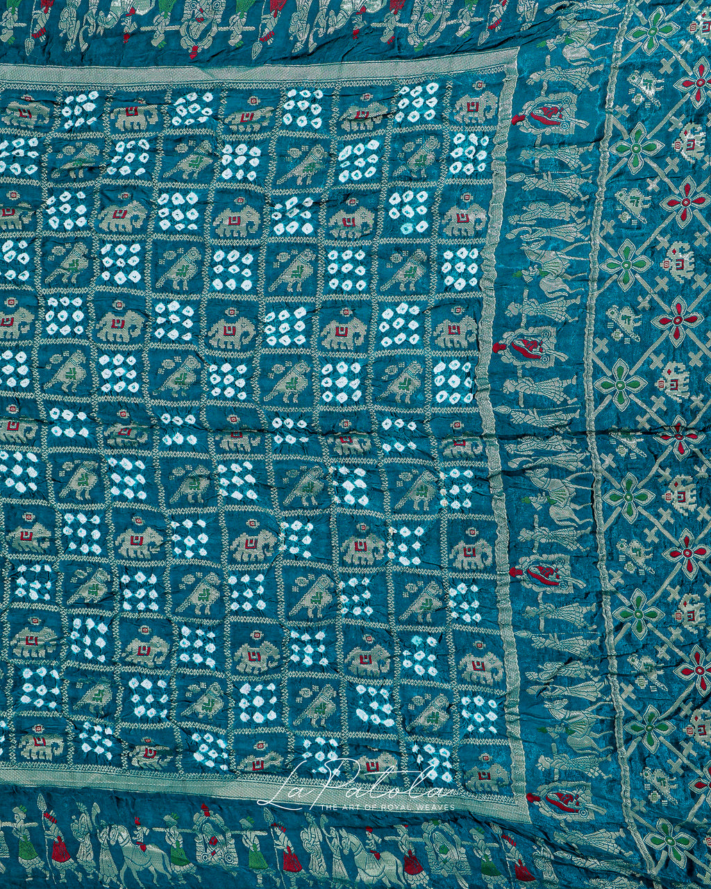 Teal Elephant Motif Bandhej Saree
