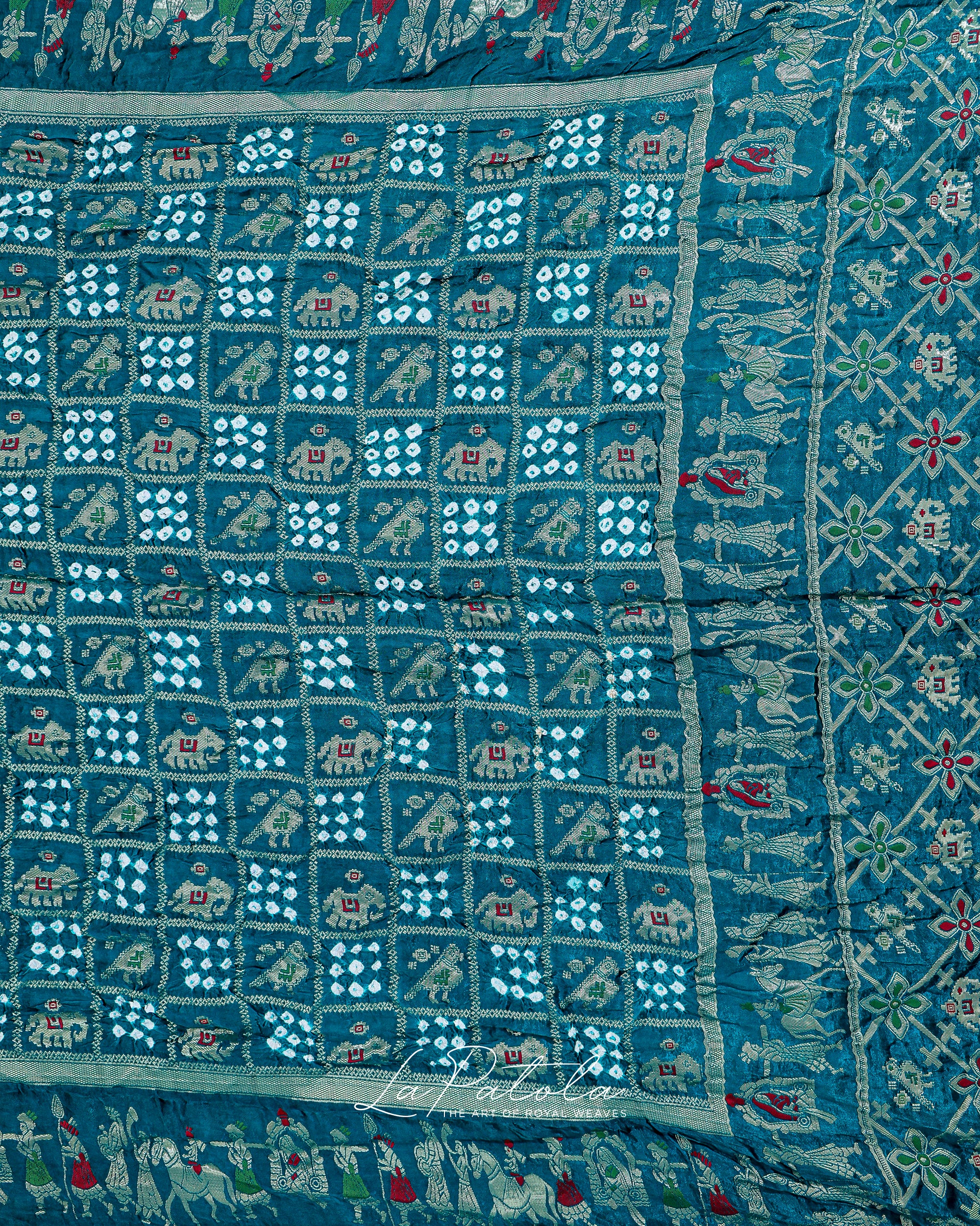 Teal Elephant Motif Bandhej Saree