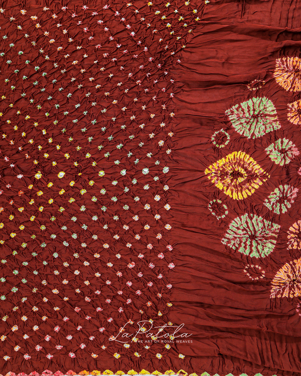 Rust Leaf Border Bandhej Saree