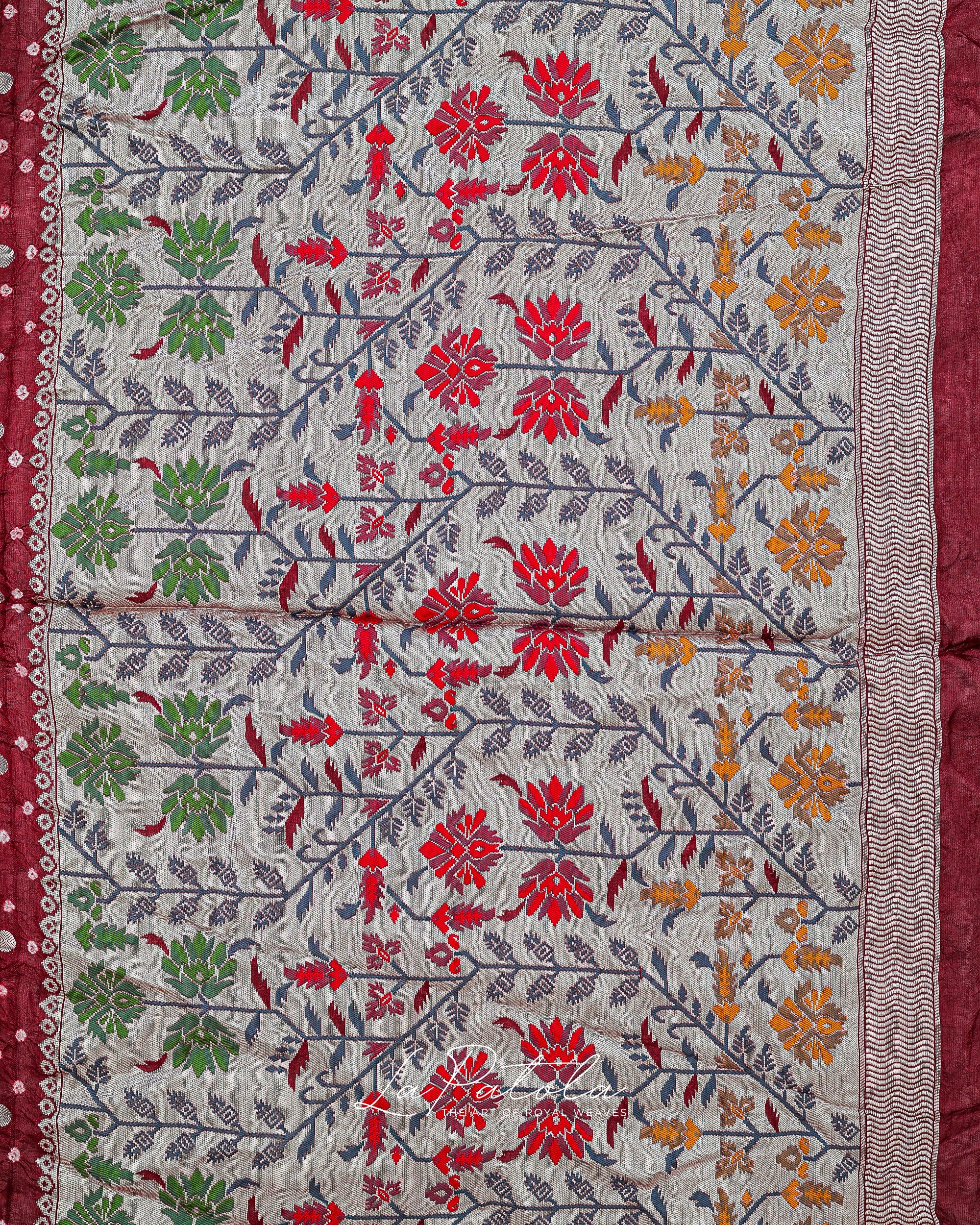 Maroon Floral Panel Bandhej Saree