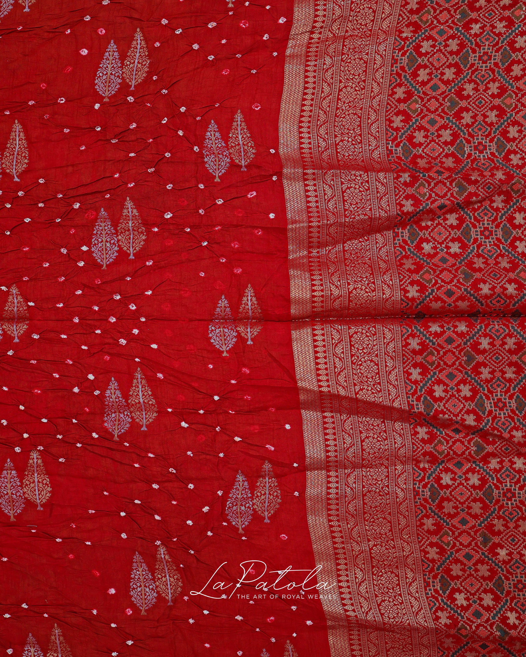Red Zari Buti Bandhej Saree