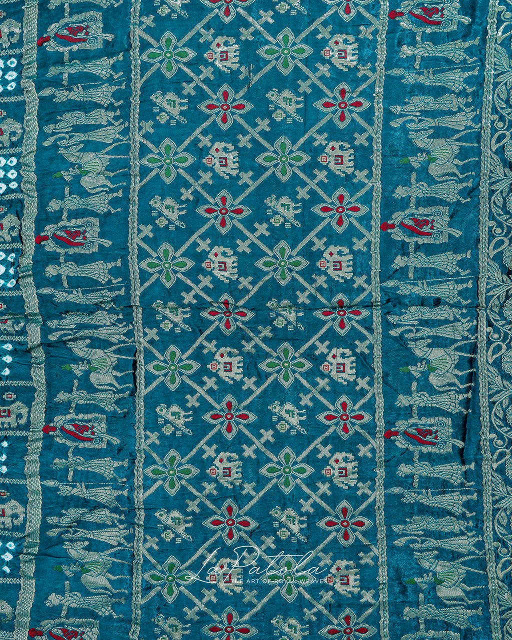 Teal Elephant Motif Bandhej Saree