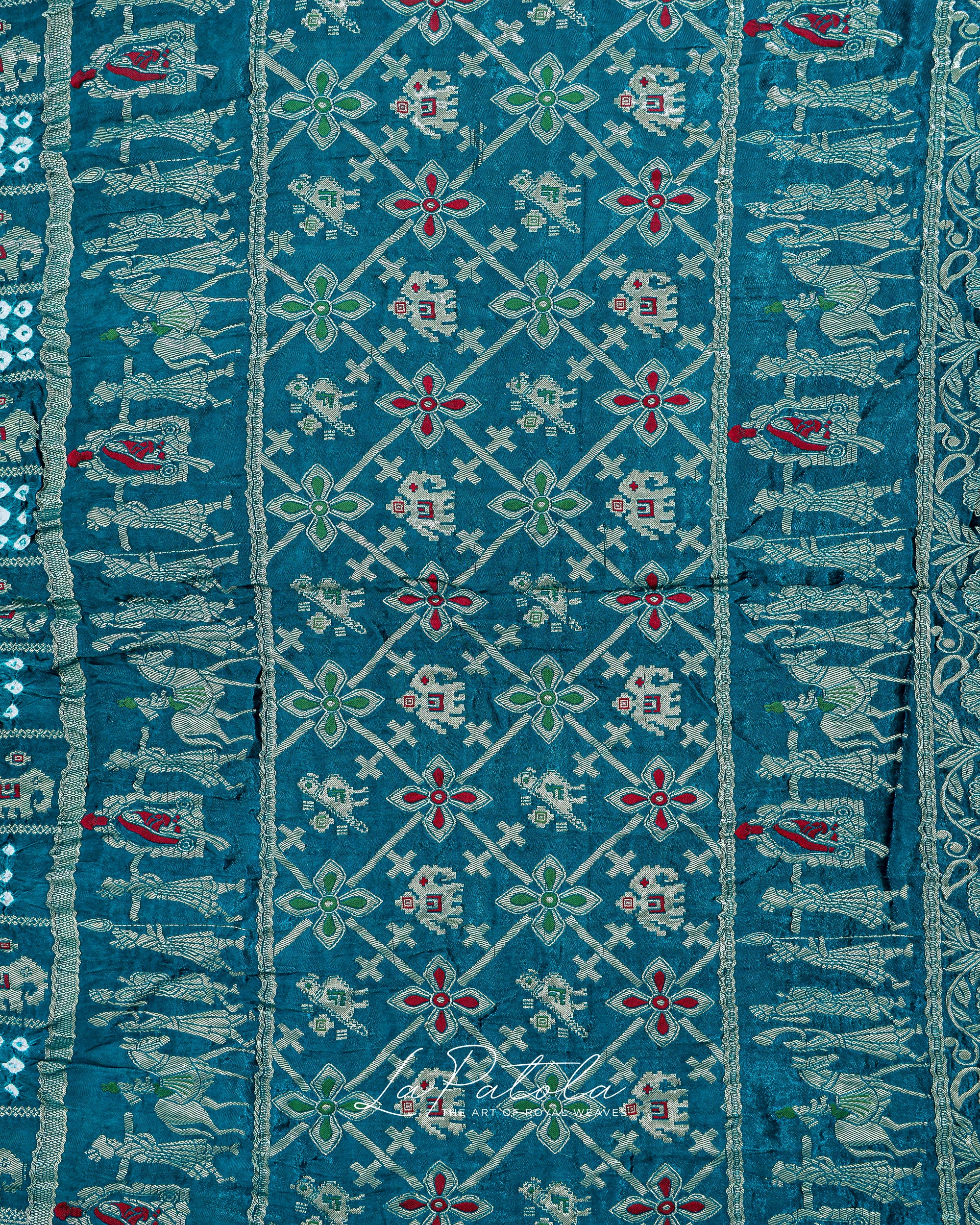 Teal Elephant Motif Bandhej Saree