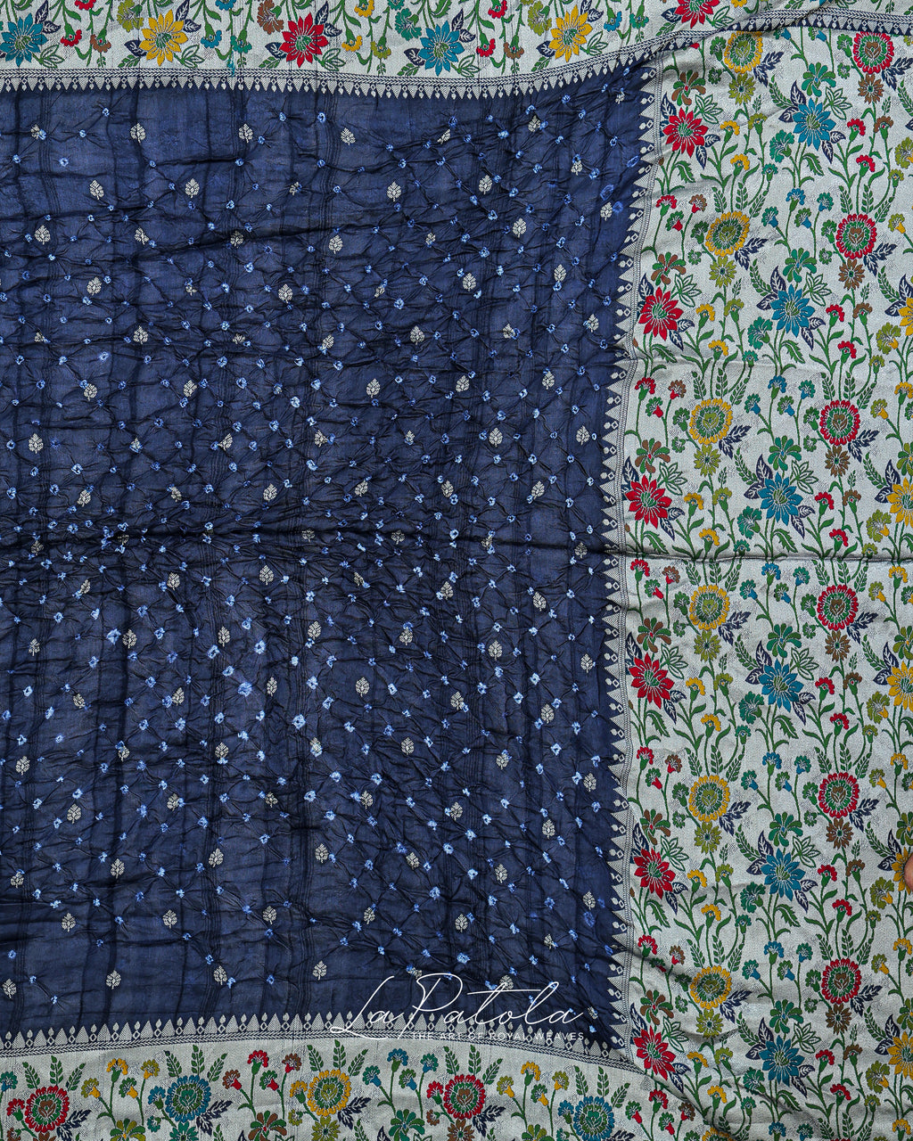Navy Floral Panel Bandhej Saree