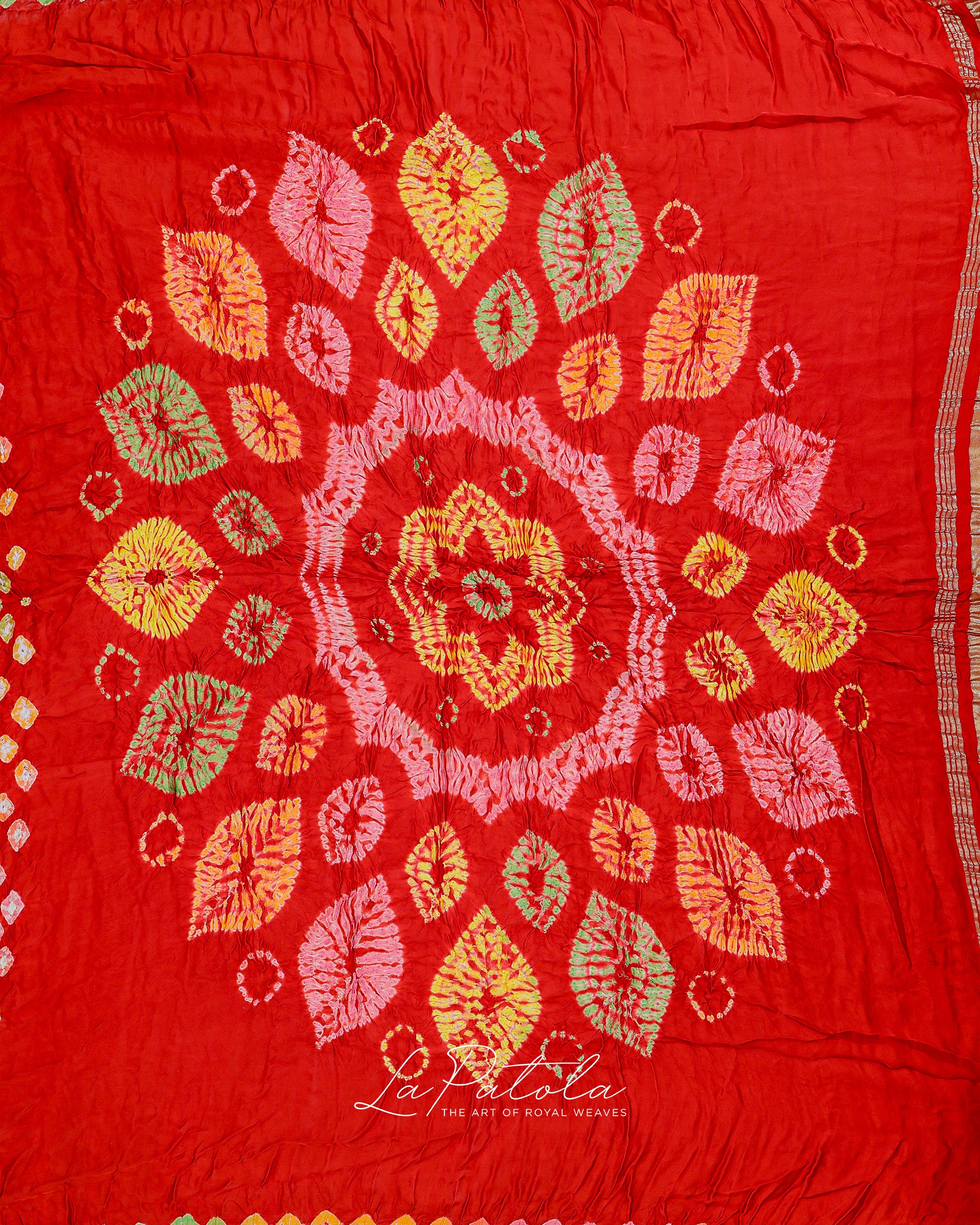 Red Leaf Motif Bandhej Saree