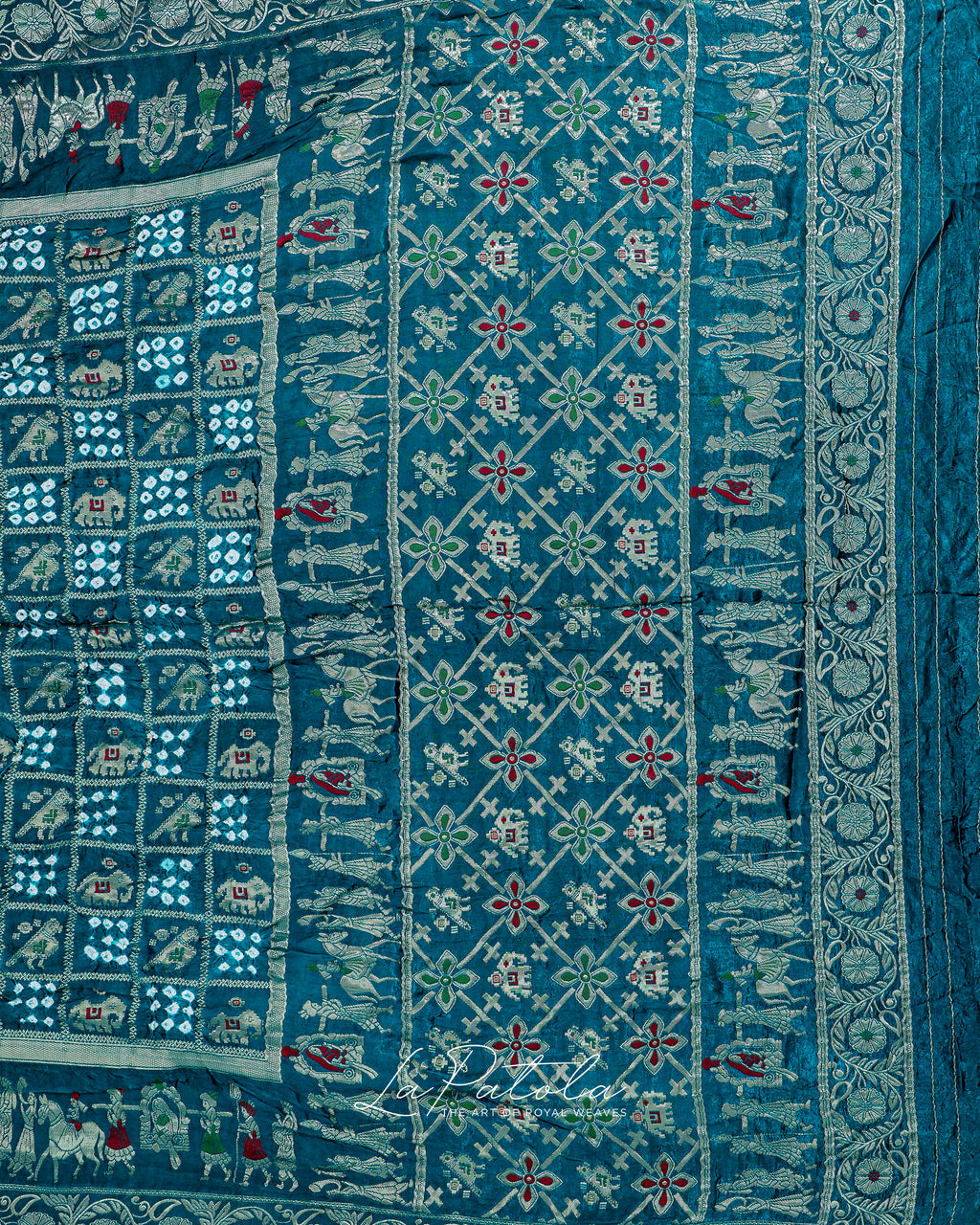 Teal Elephant Motif Bandhej Saree