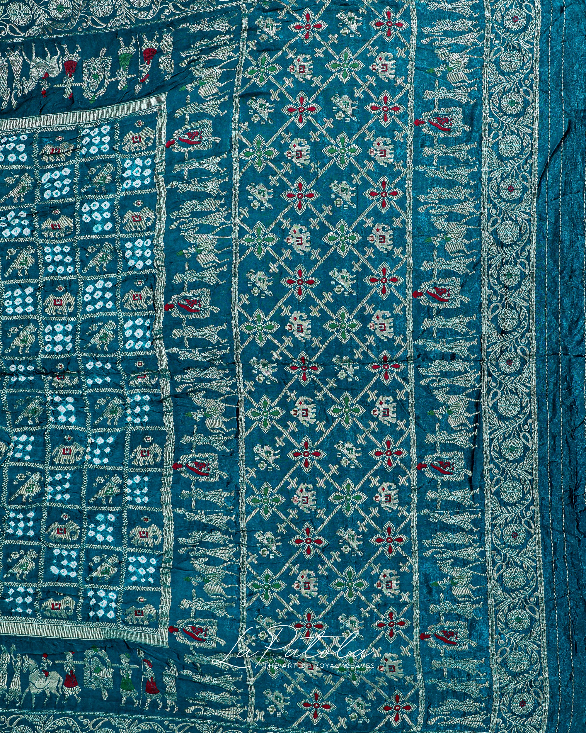 Teal Elephant Motif Bandhej Saree