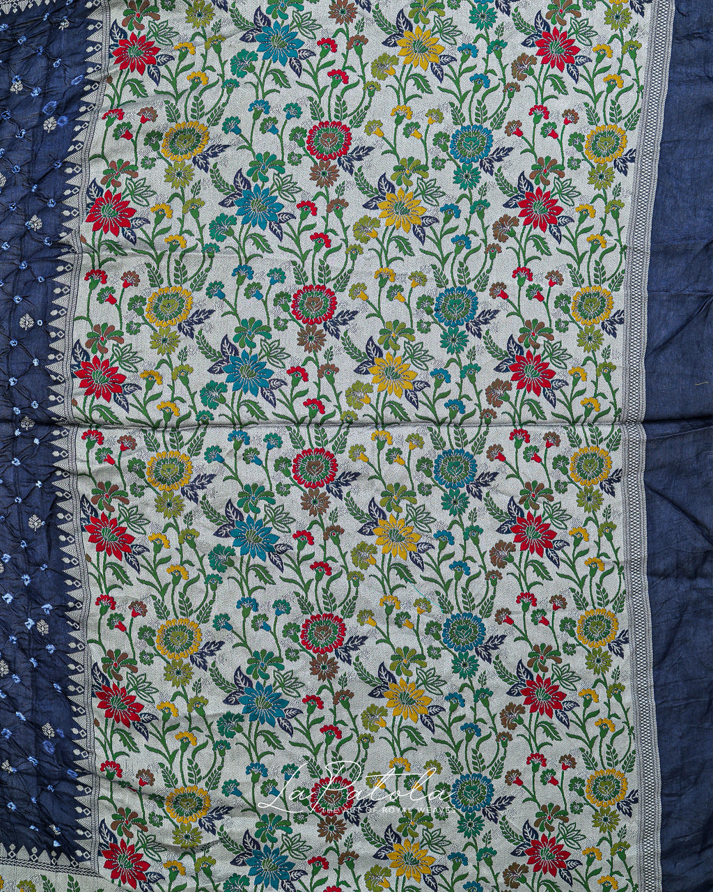 Navy Floral Panel Bandhej Saree