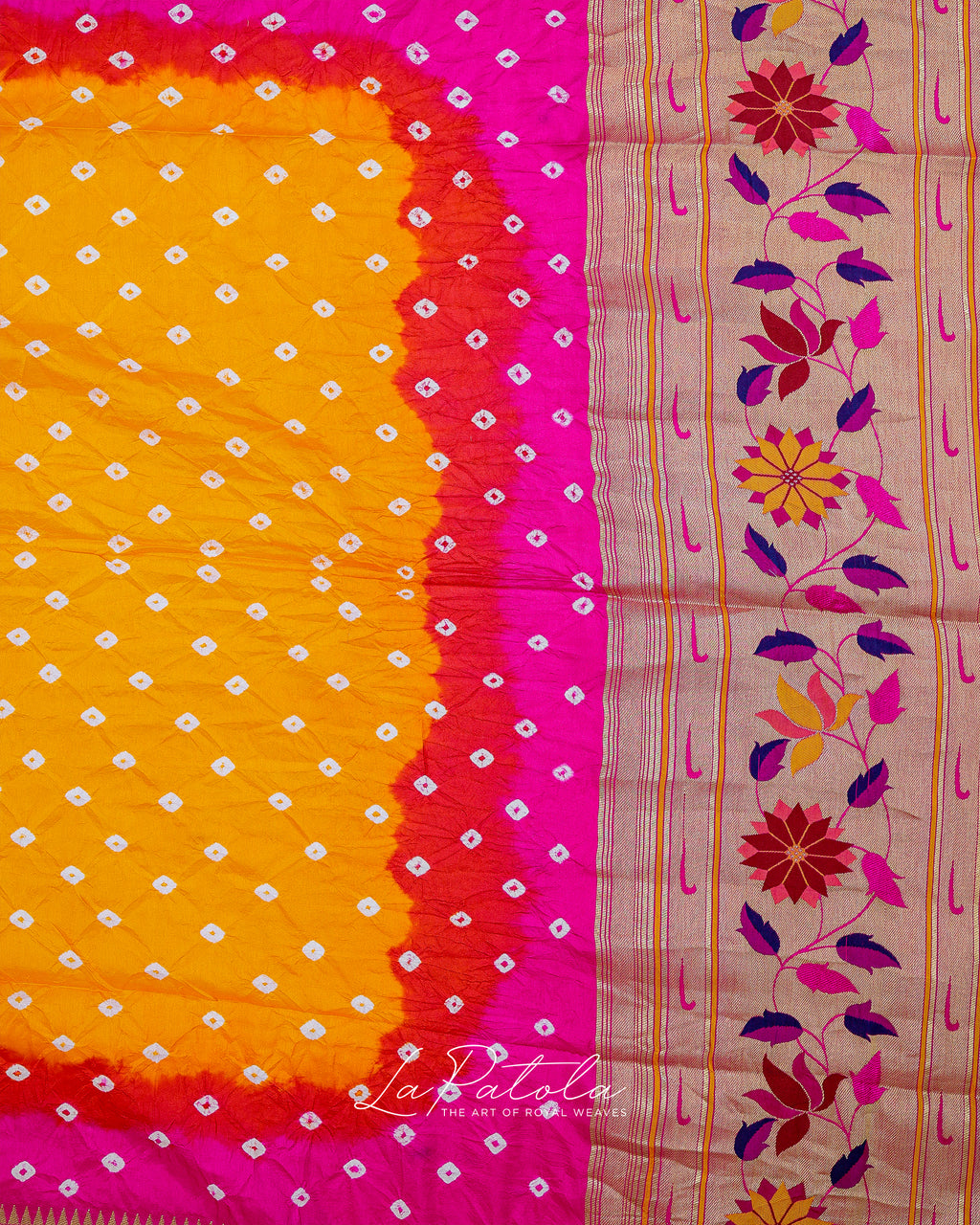 Yellow Pink Floral Pallu Bandhej Saree