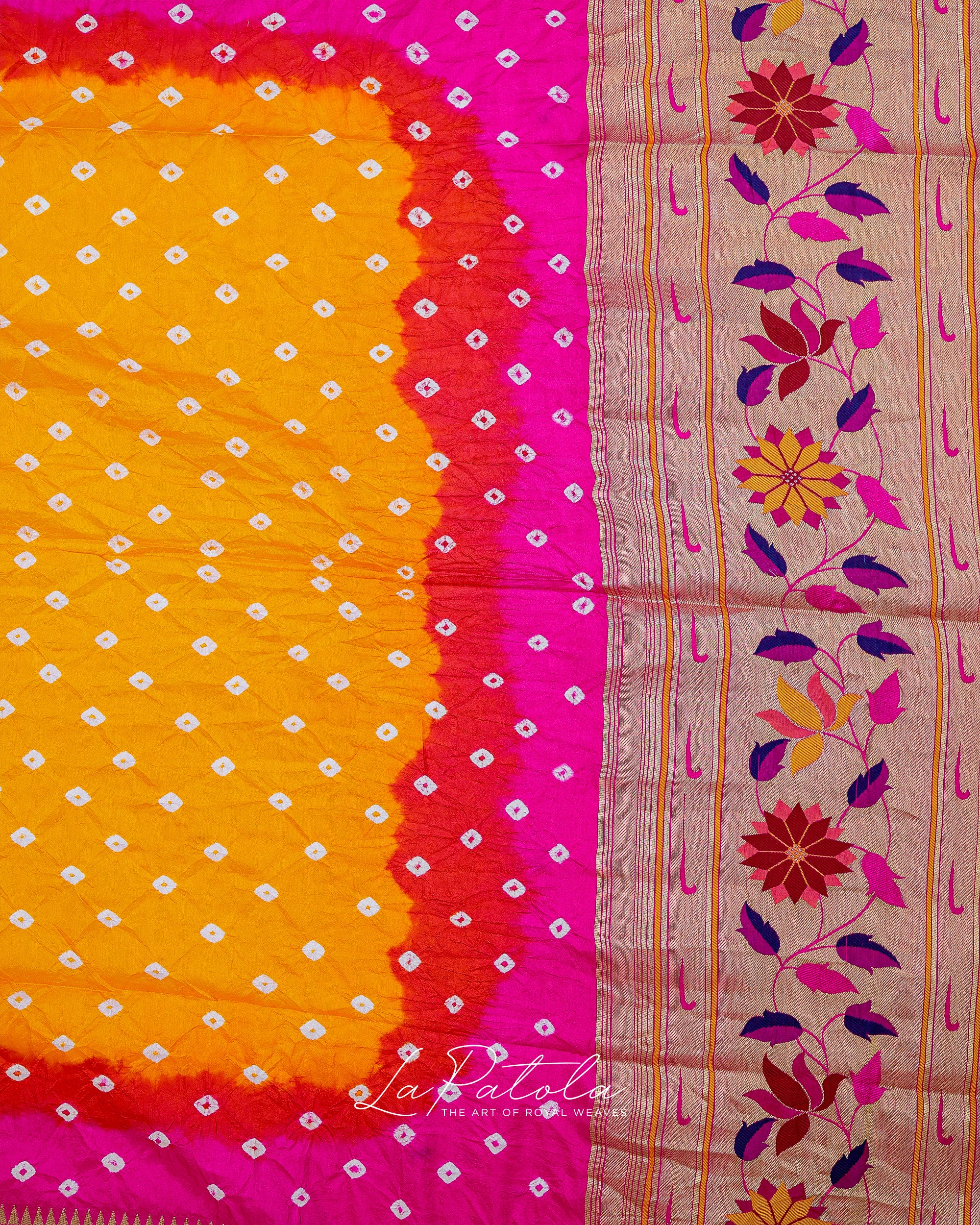 Yellow Pink Floral Pallu Bandhej Saree