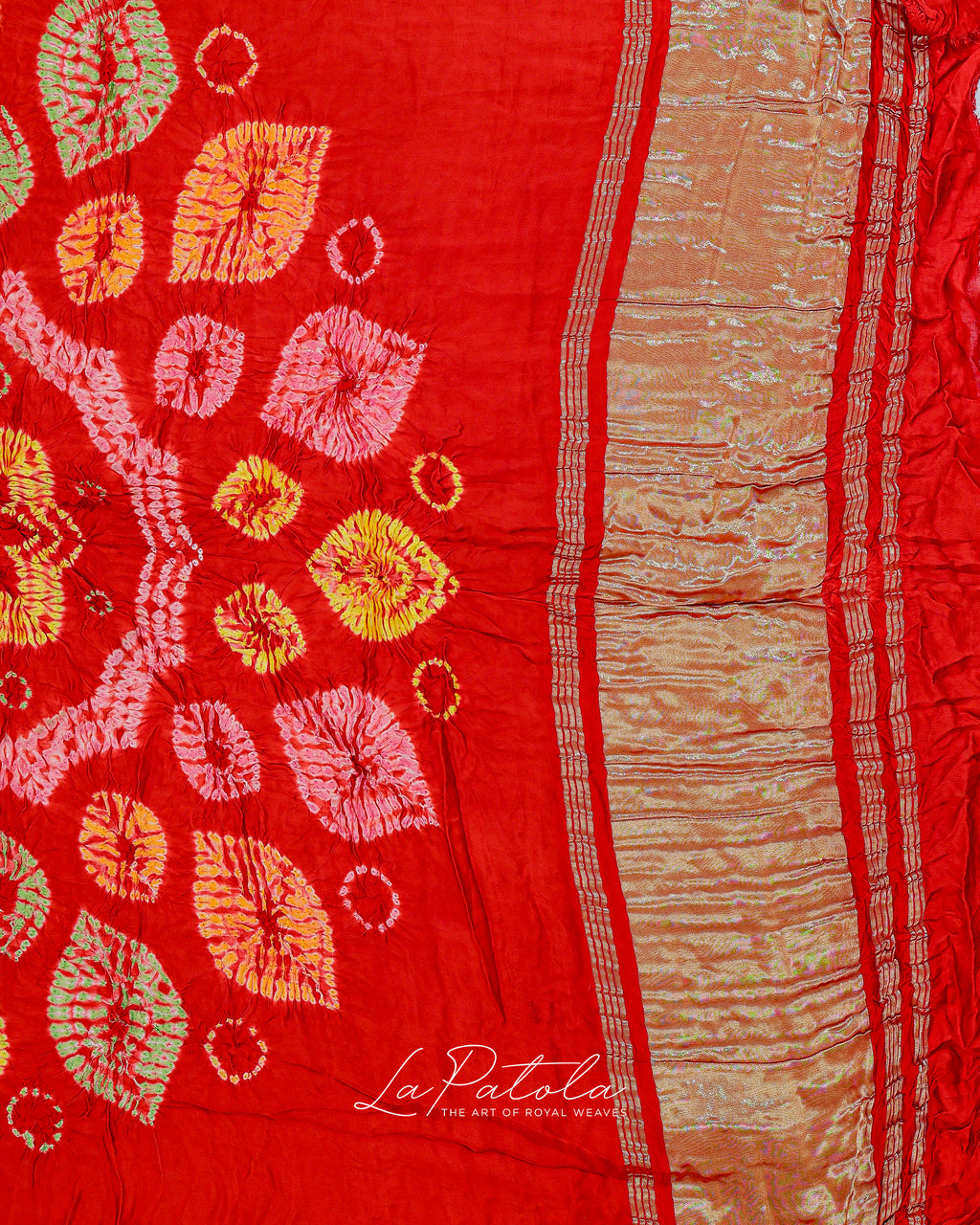 Red Leaf Motif Bandhej Saree